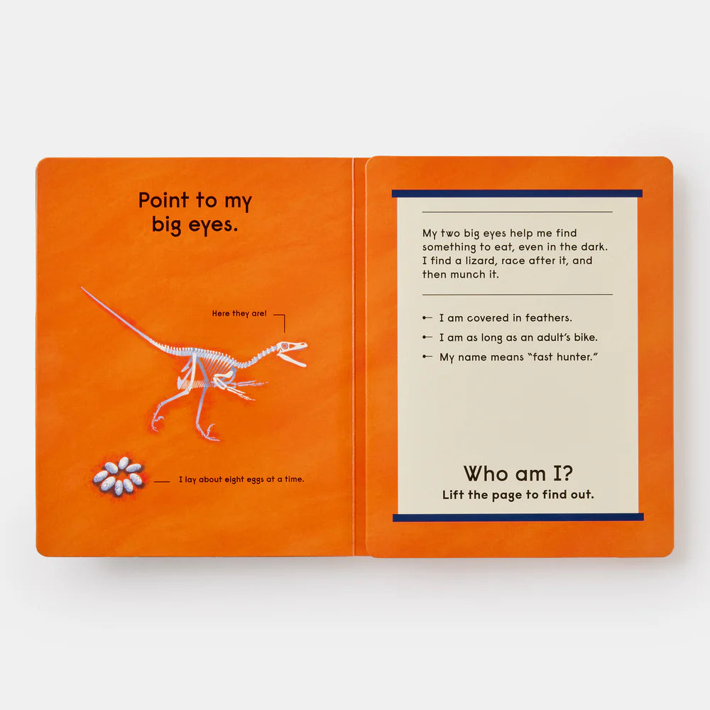Open book with orange cover featuring a dinosaur illustration and text