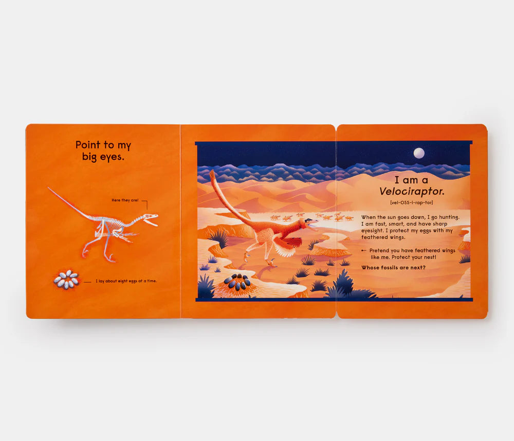 Children's book open to a page with a Velociraptor illustration and text on an orange background