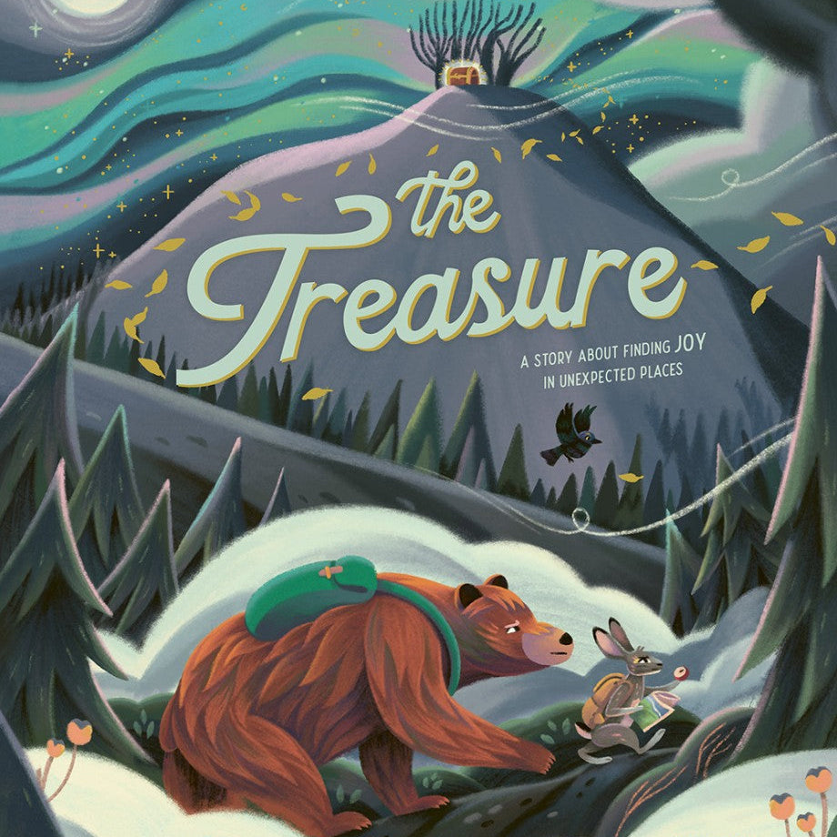 Book cover of 'The Treasure' with a bear and rabbit in a forest setting.