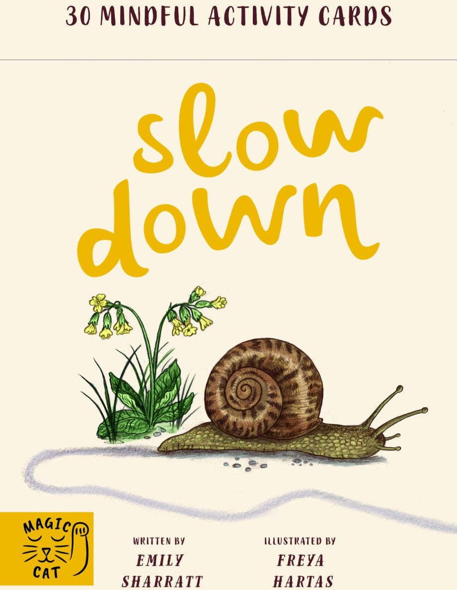 Box cover of 'Slow Down' with a snail illustration and text about mindful activities.