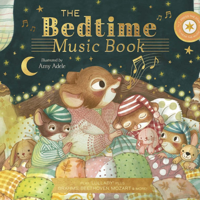 Book cover of 'The Bedtime Music Book' with illustrated animals in a cozy setting.
