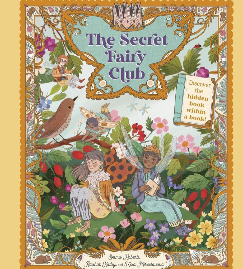 Cover of 'The Secret Fairy Club' with illustrations of fairies and a hidden book reveal mechanism.
