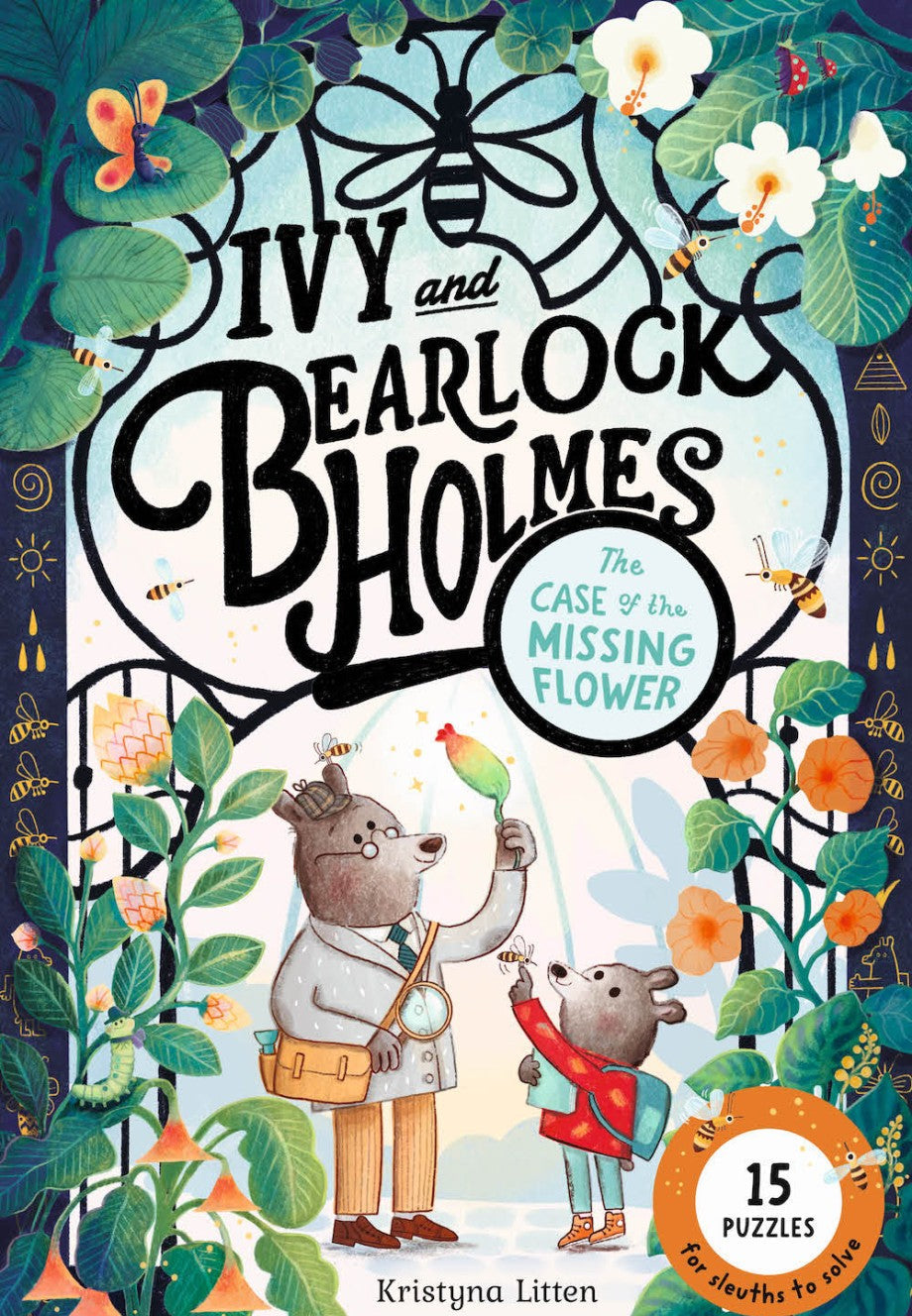 Book cover of 'Ivy and Bearlock Holmes: The Case of the Missing Flower' with illustrations of a bear and a girl in a garden.
