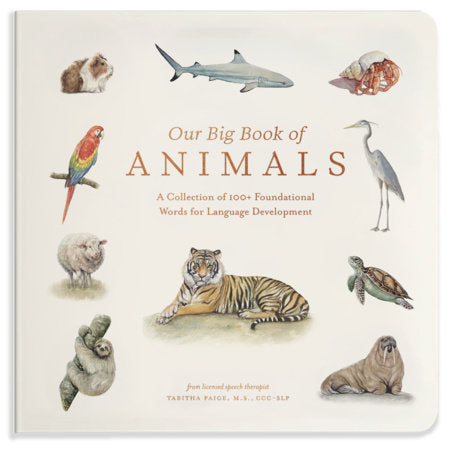 Book cover of 'Our Big Book of Animals' with illustrations of various animals on a white background.