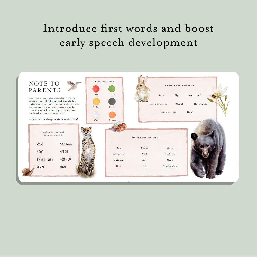 Educational children's book with animal illustrations and text on a light green background