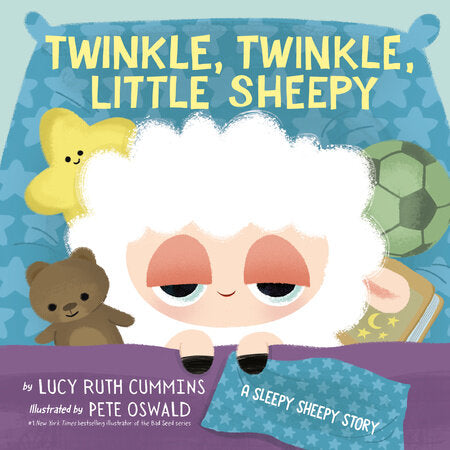 Book cover of 'Twinkle, Twinkle, Little Sheepy' with a cartoon sheep and bedtime items.