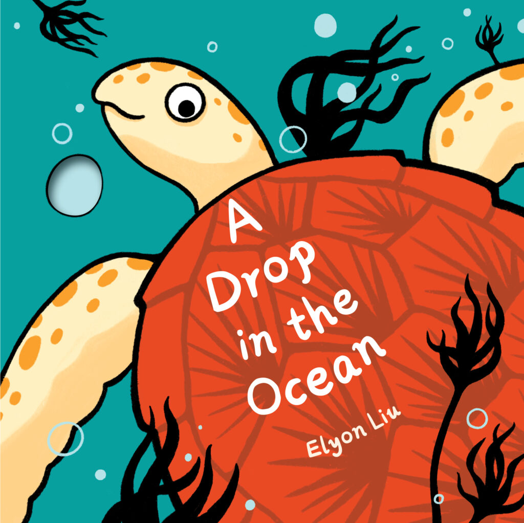 Book cover of 'A Drop in the Ocean' with a turtle and underwater elements.