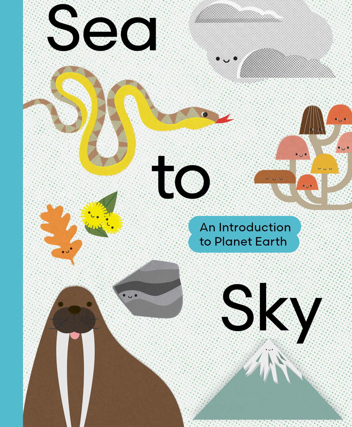 Book cover of 'Sea to Sky' with illustrations of a snake, mushrooms, a walrus, and mountains on a blue background.