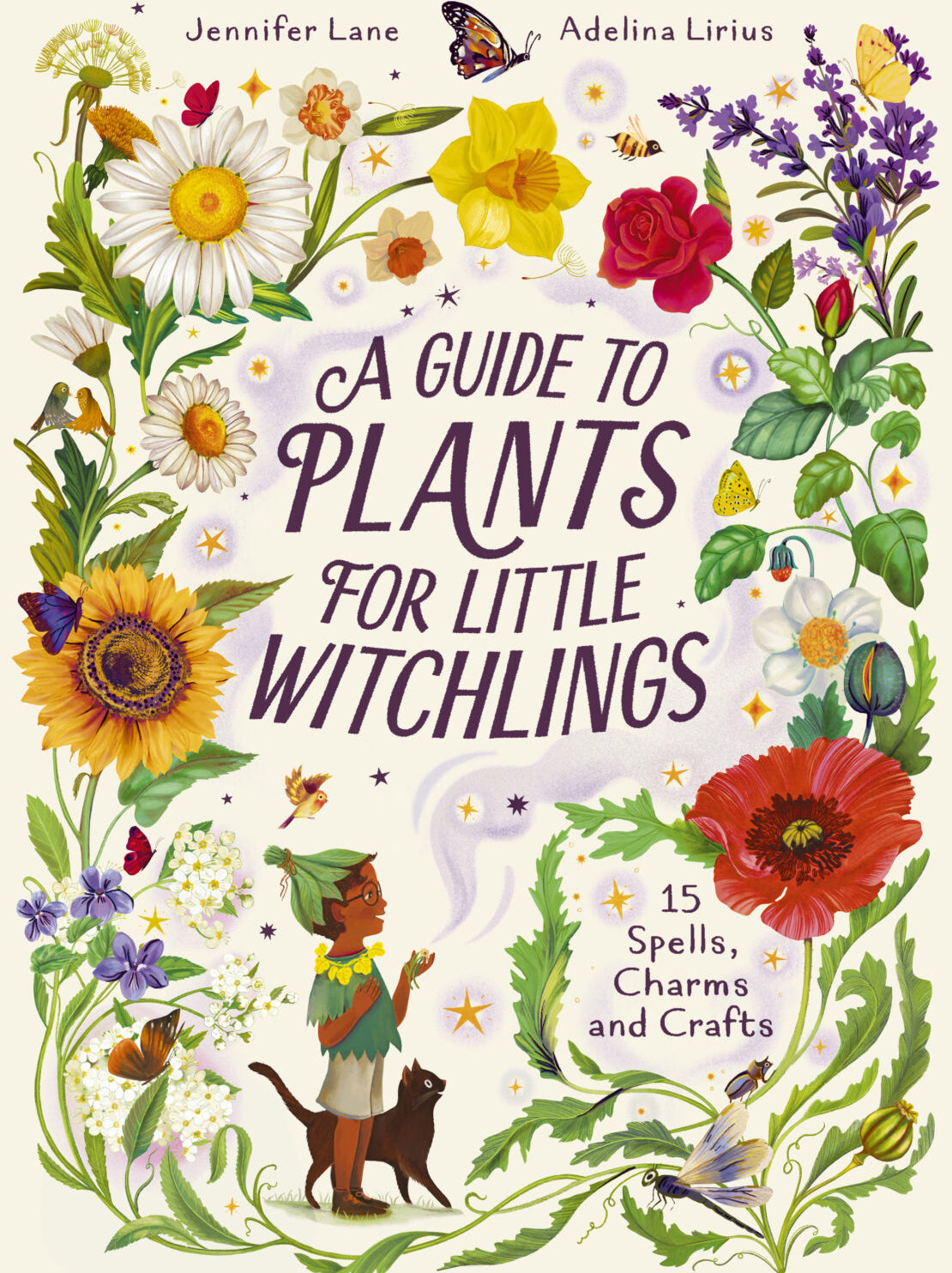 Book cover of 'A Guide to Plants for Little Witchlings' with illustrations of plants and a child holding a cat.