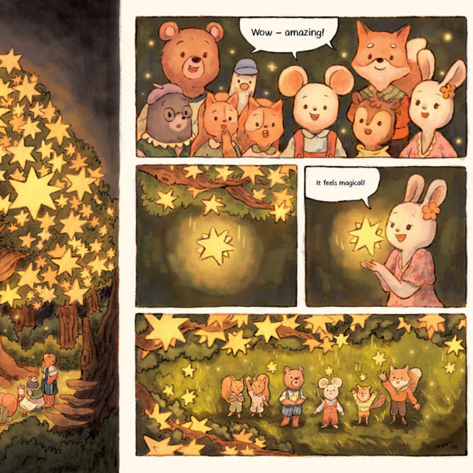 A split-panel illustration showing a large glowing tree made of stars on the left and a comic-style panel sequence on the right with animal characters marveling at the star tree.