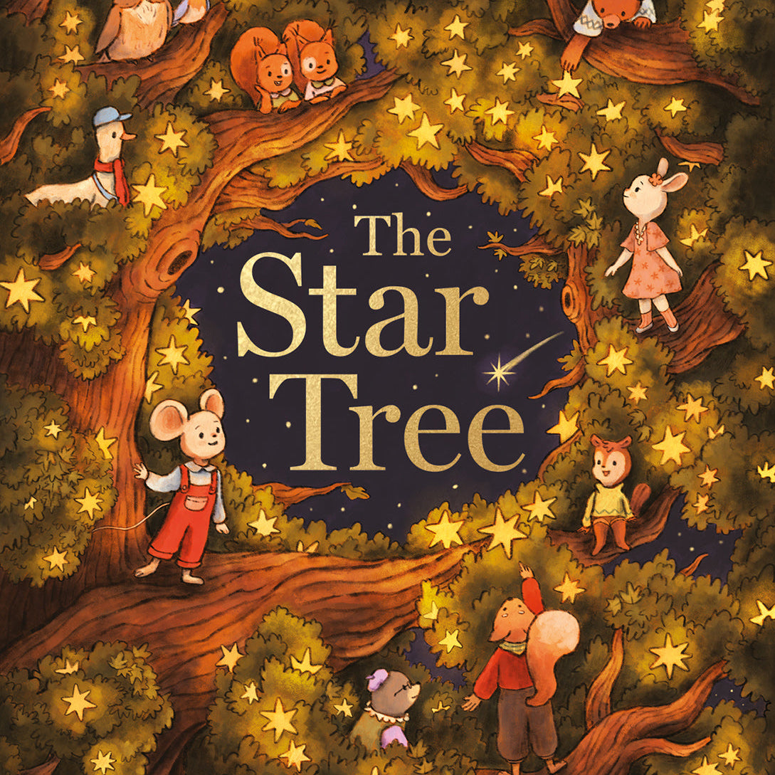 Book cover of 'The Star Tree' with illustrated animals and children around a starry night sky.
