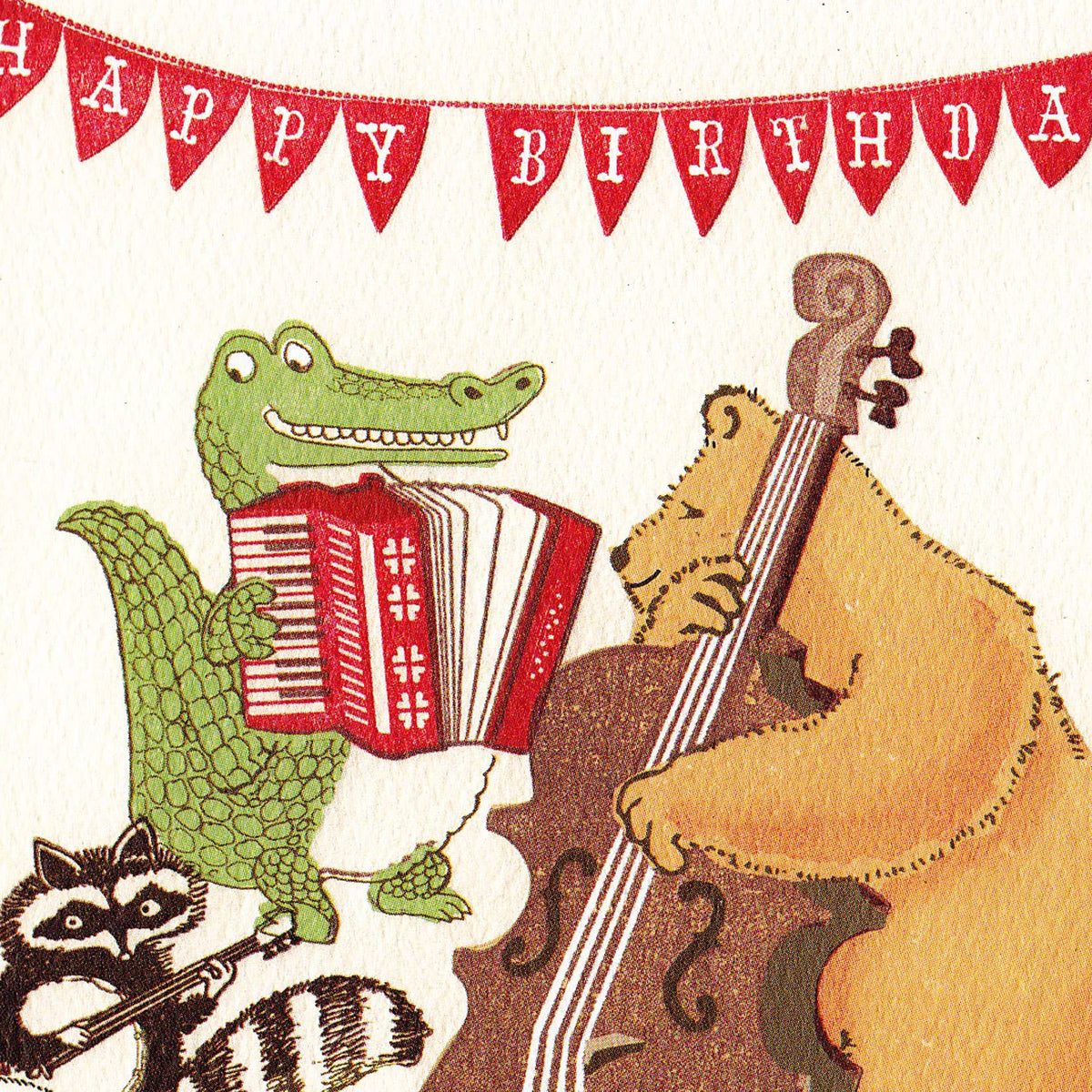 Illustration of a bear, alligator, and raccoon playing instruments with a 'Happy Birthday' banner above.