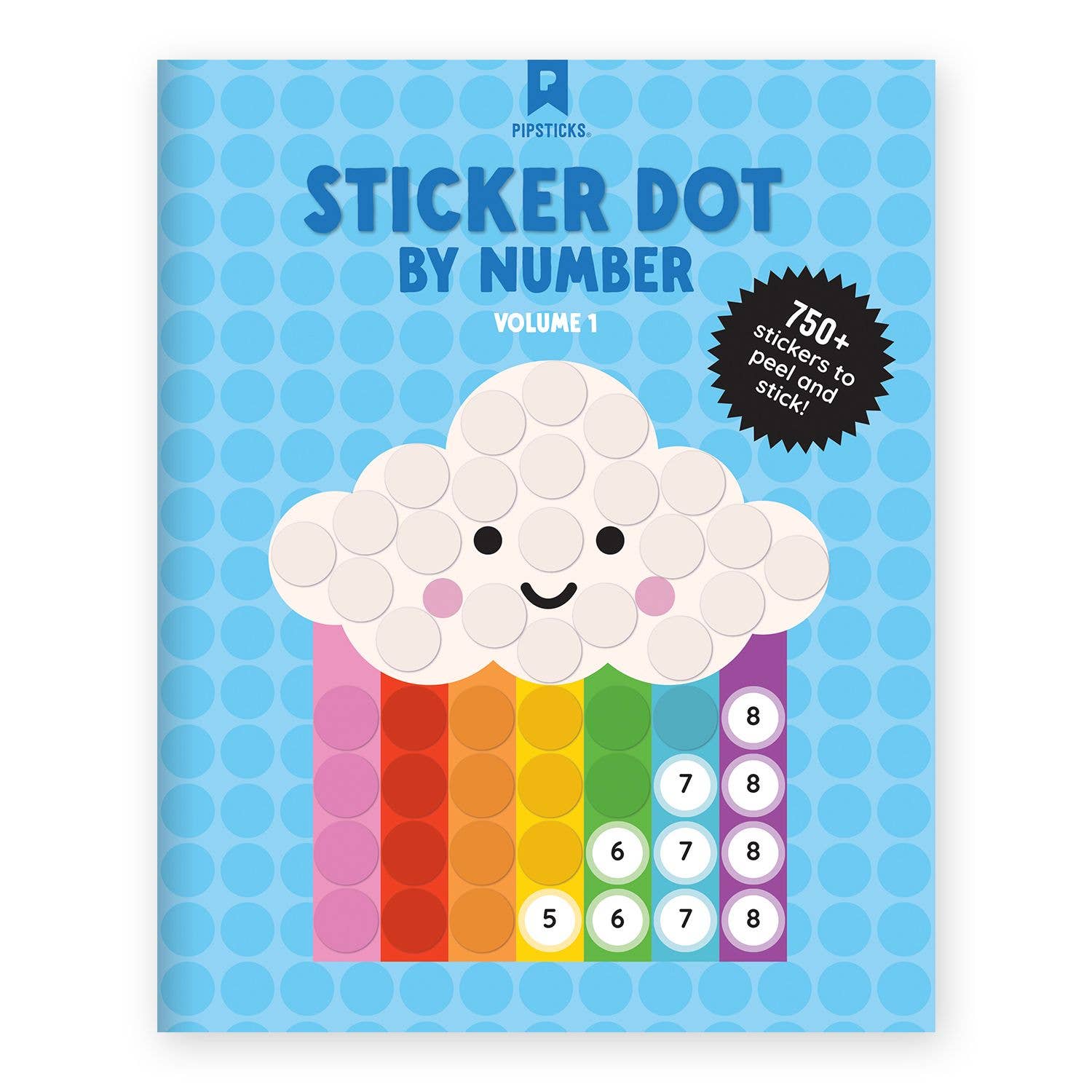 Sticker book titled 'Sticker Dot by Number' with a cloud design on a blue polka dot background.