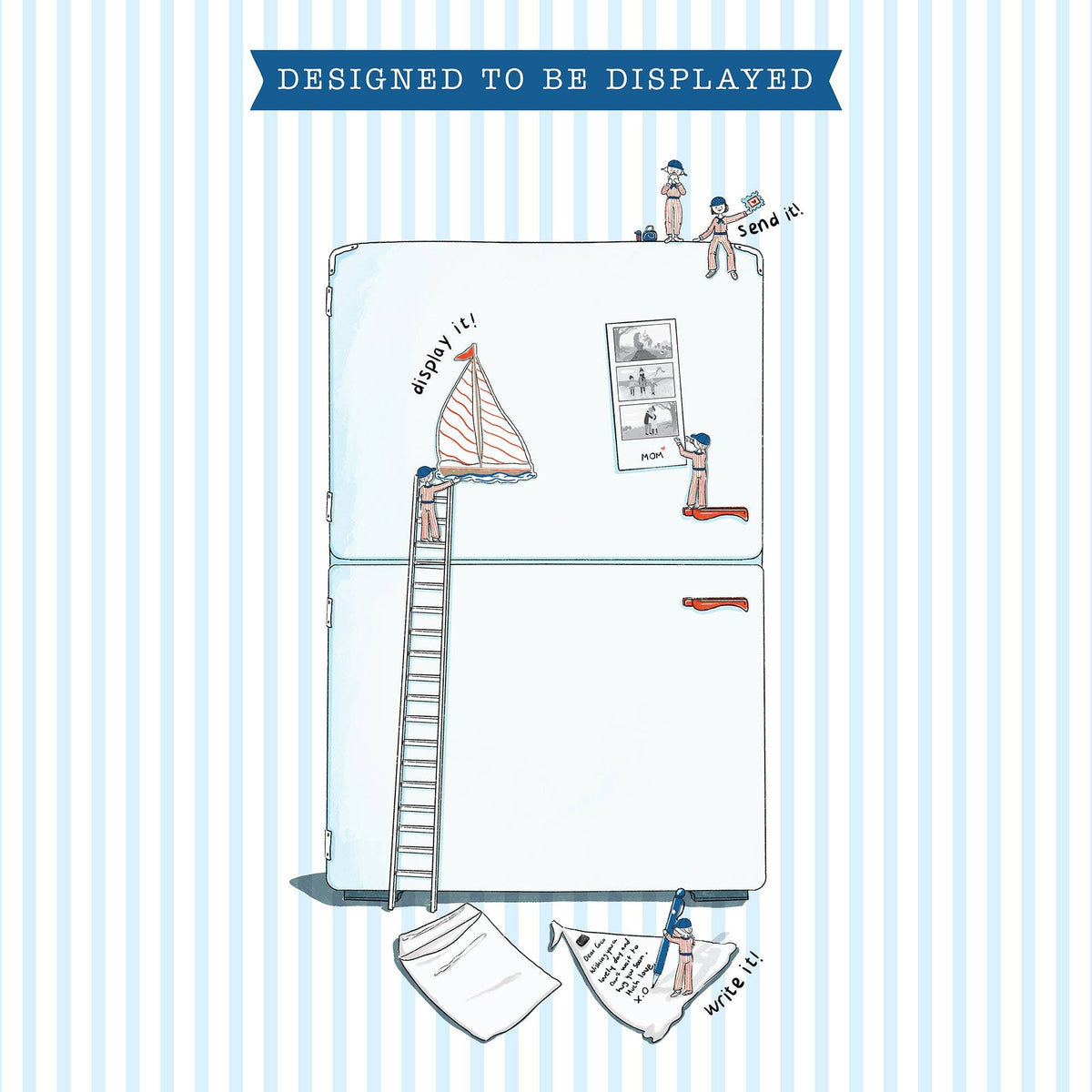 A whimsical illustrated refrigerator on a light blue and white striped background, with cartoon people and small drawings on and around it. A blue banner at the top reads 'DESIGNED TO BE DISPLAYED'.