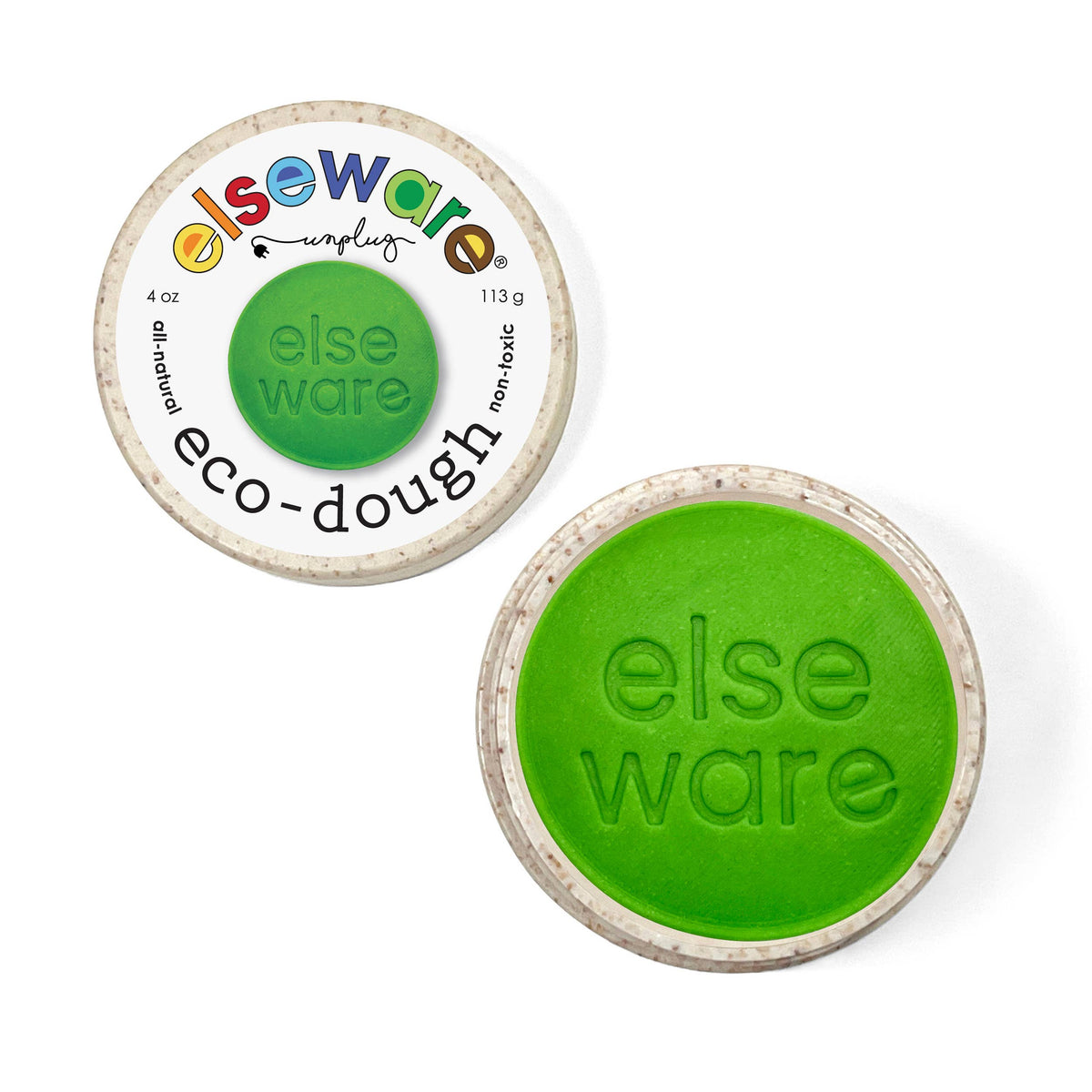 Green else ware eco-dough container with lid on a white background