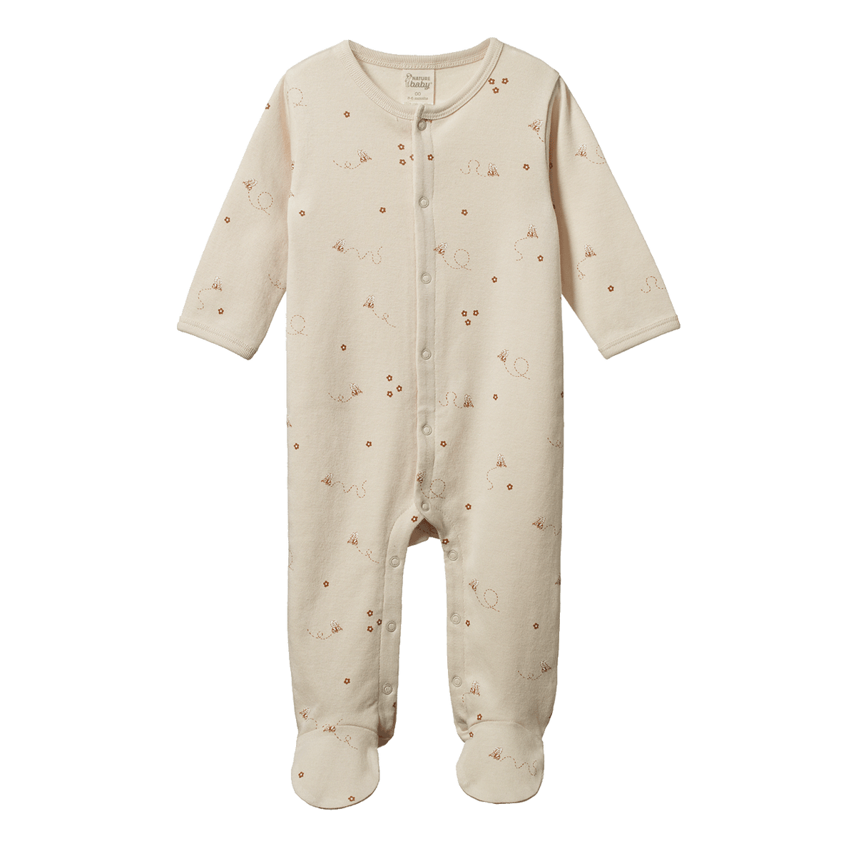 Baby onesie with bee and star pattern on a white background