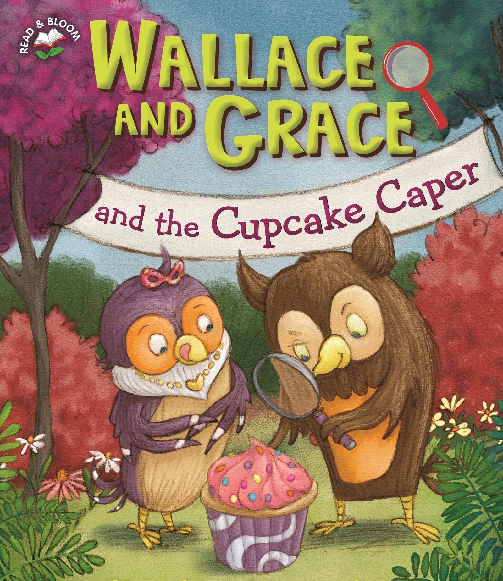 Book cover of 'Wallace and Grace and the Cupcake Caper' with two cartoon owls holding a cupcake.