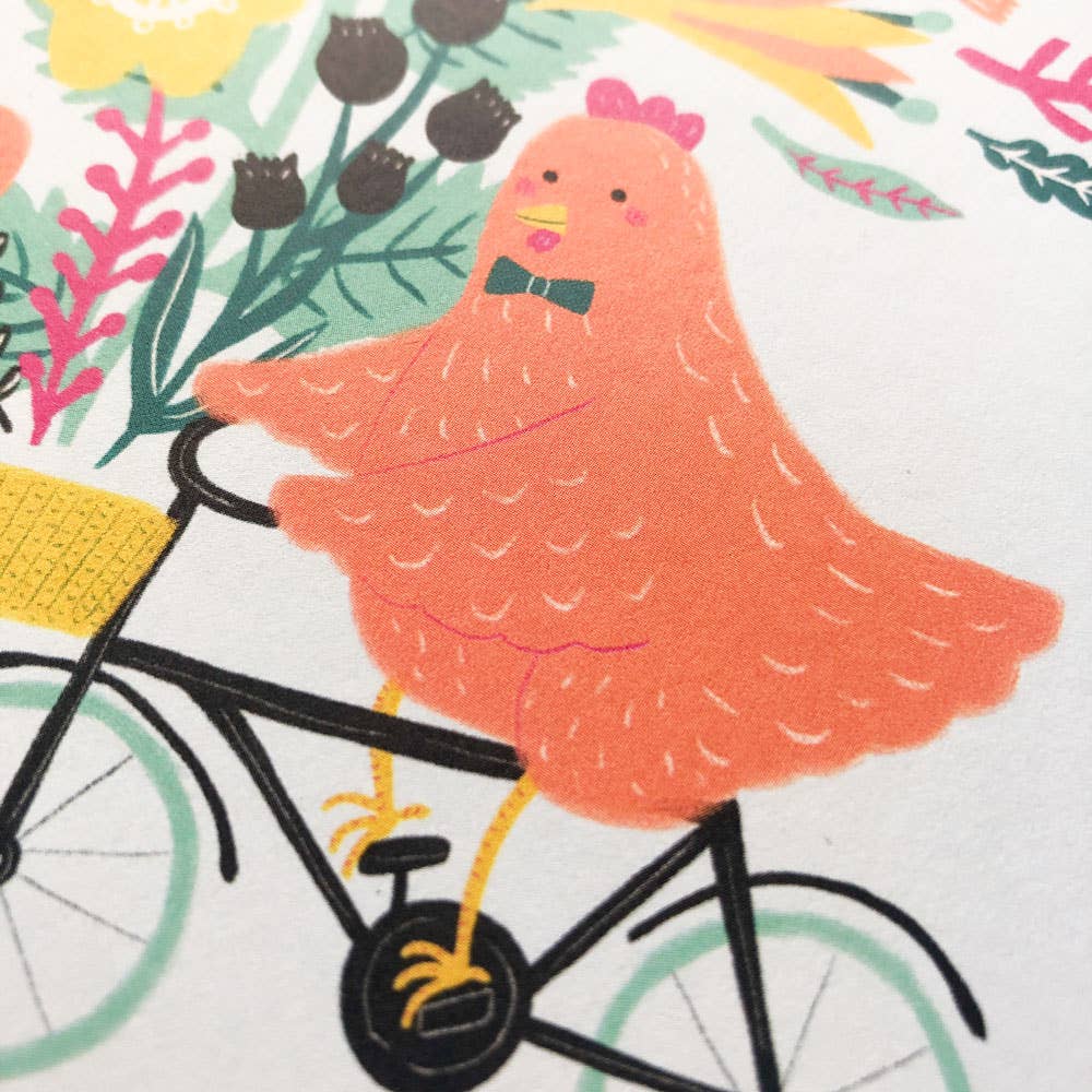 Illustration of a chicken riding a bicycle with a colorful background