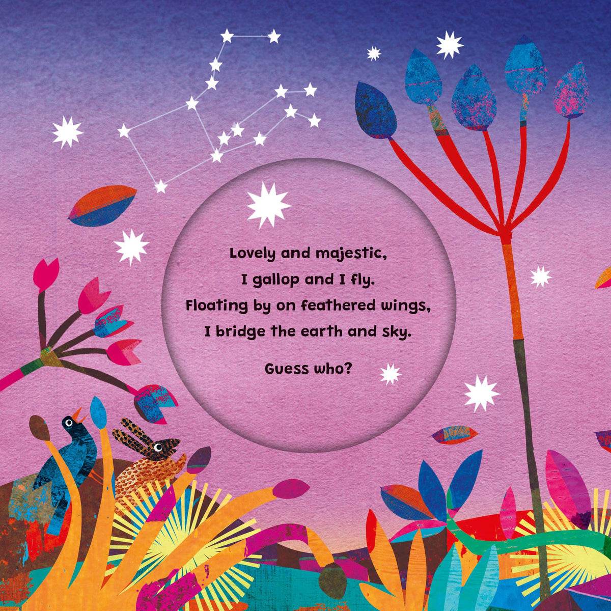 Colorful illustration of a Pegasus with a purple background and celestial elements.