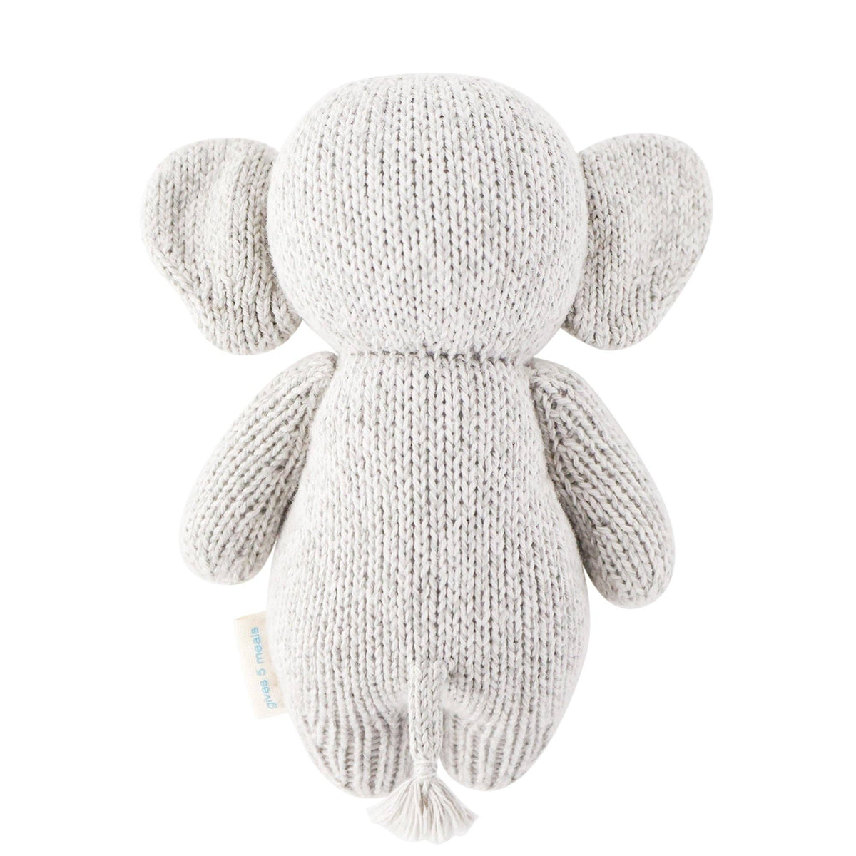 Knitted gray elephant toy on a white background