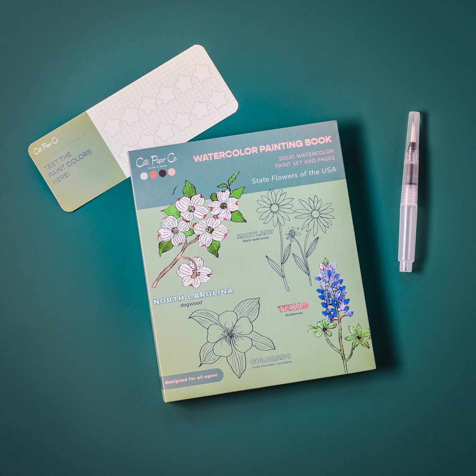 Watercolor painting book with floral illustrations on a teal background
