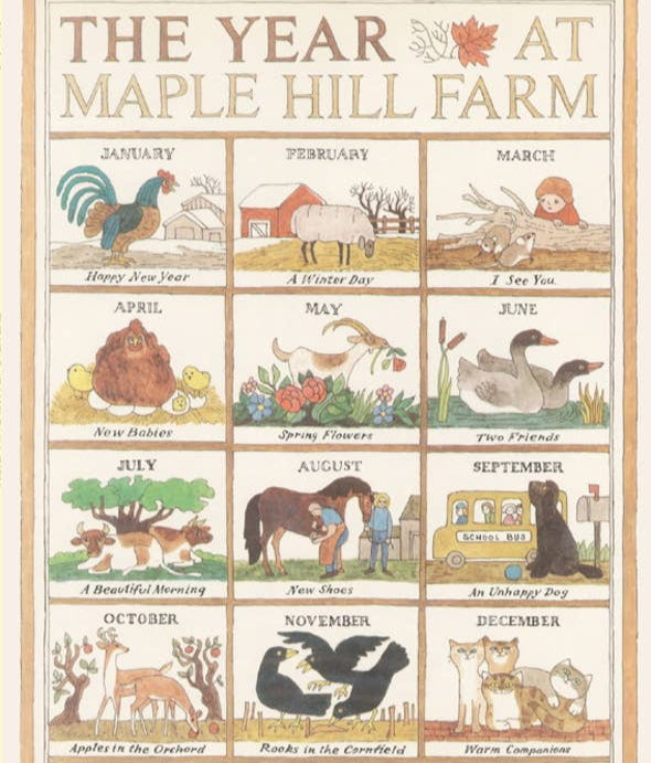 Illustrated calendar titled 'The Year at Maple Hill Farm' by Alice and Martin Provensen, featuring seasonal scenes with animals and activities.
