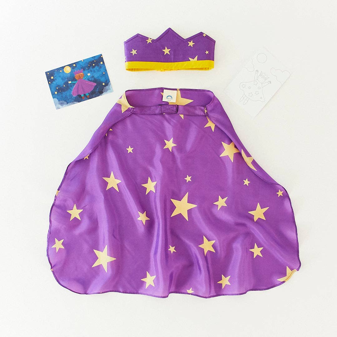 Purple cape with yellow stars and matching crown on a white background