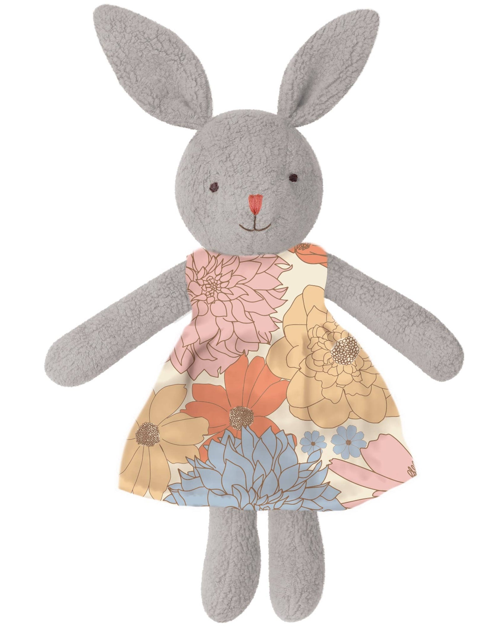 Stuffed toy rabbit with a floral dress on a white background