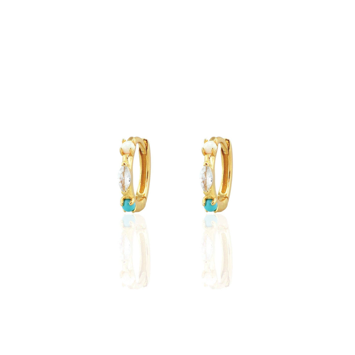 Gold hoop earrings with small turquoise stones on a white background