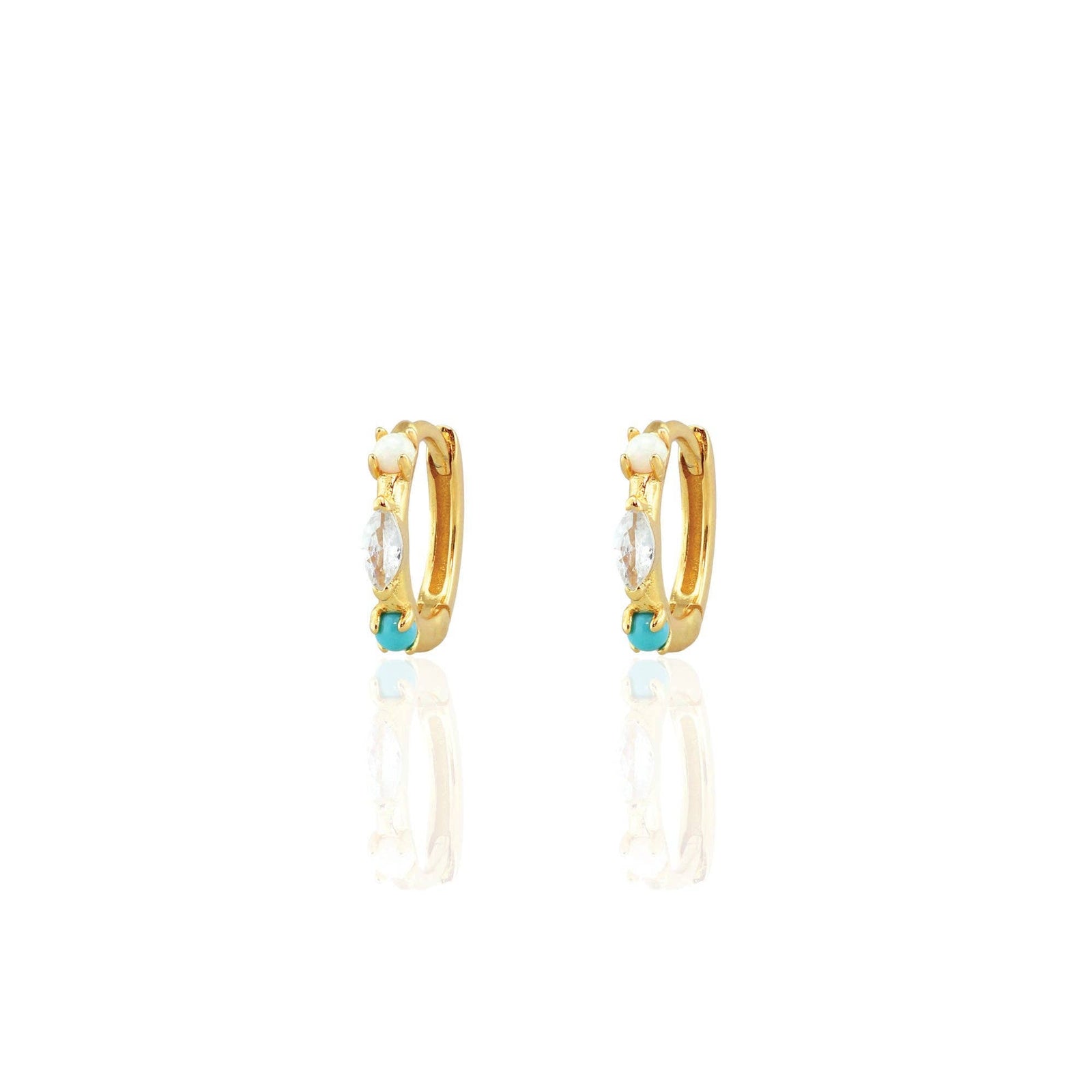 Gold hoop earrings with small turquoise stones on a white background