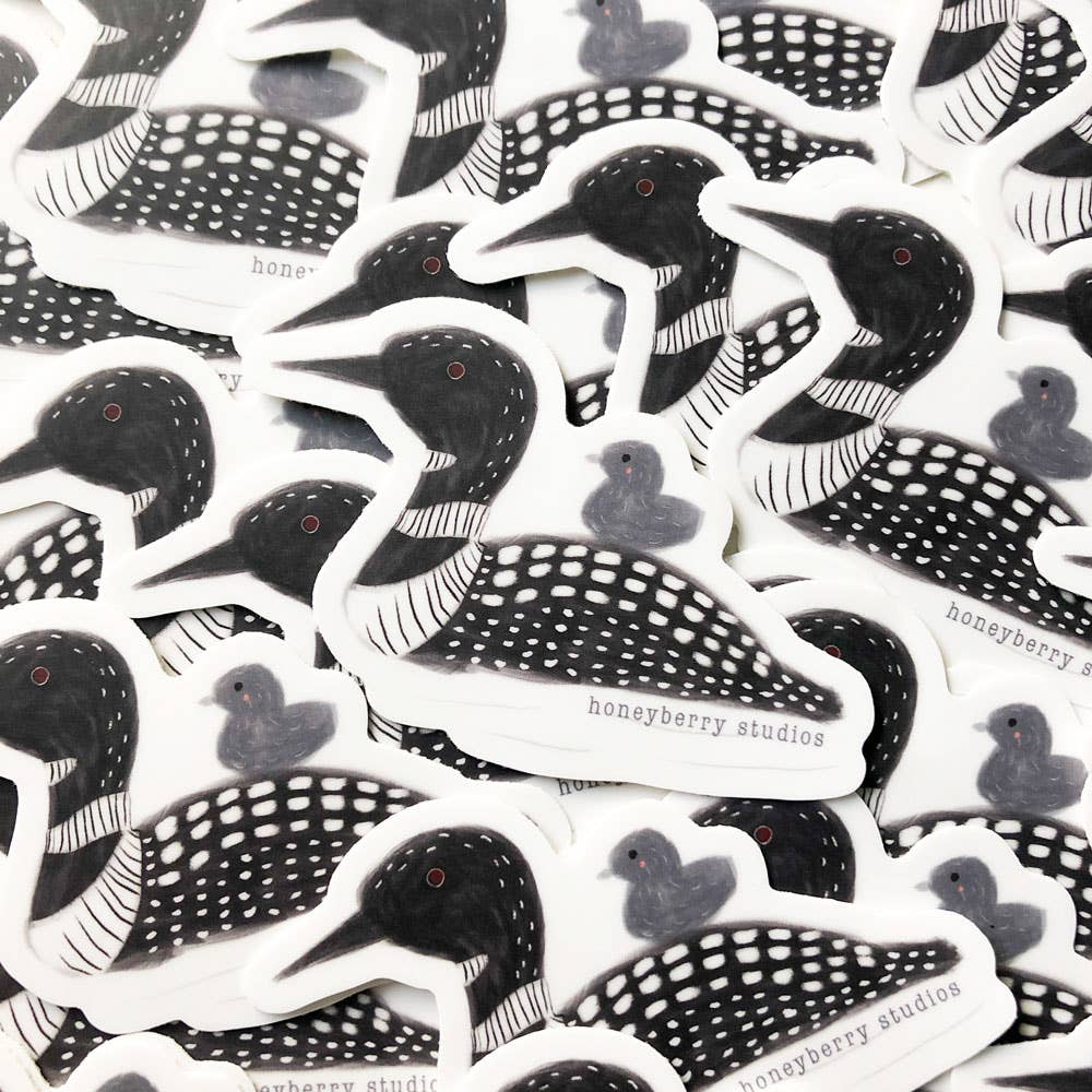 Collection of black and white bird illustrations with 'honeyberry studios' branding.