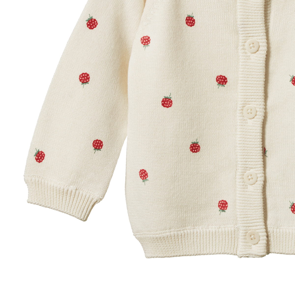 Cream-colored cardigan with red berry patterns on a white background