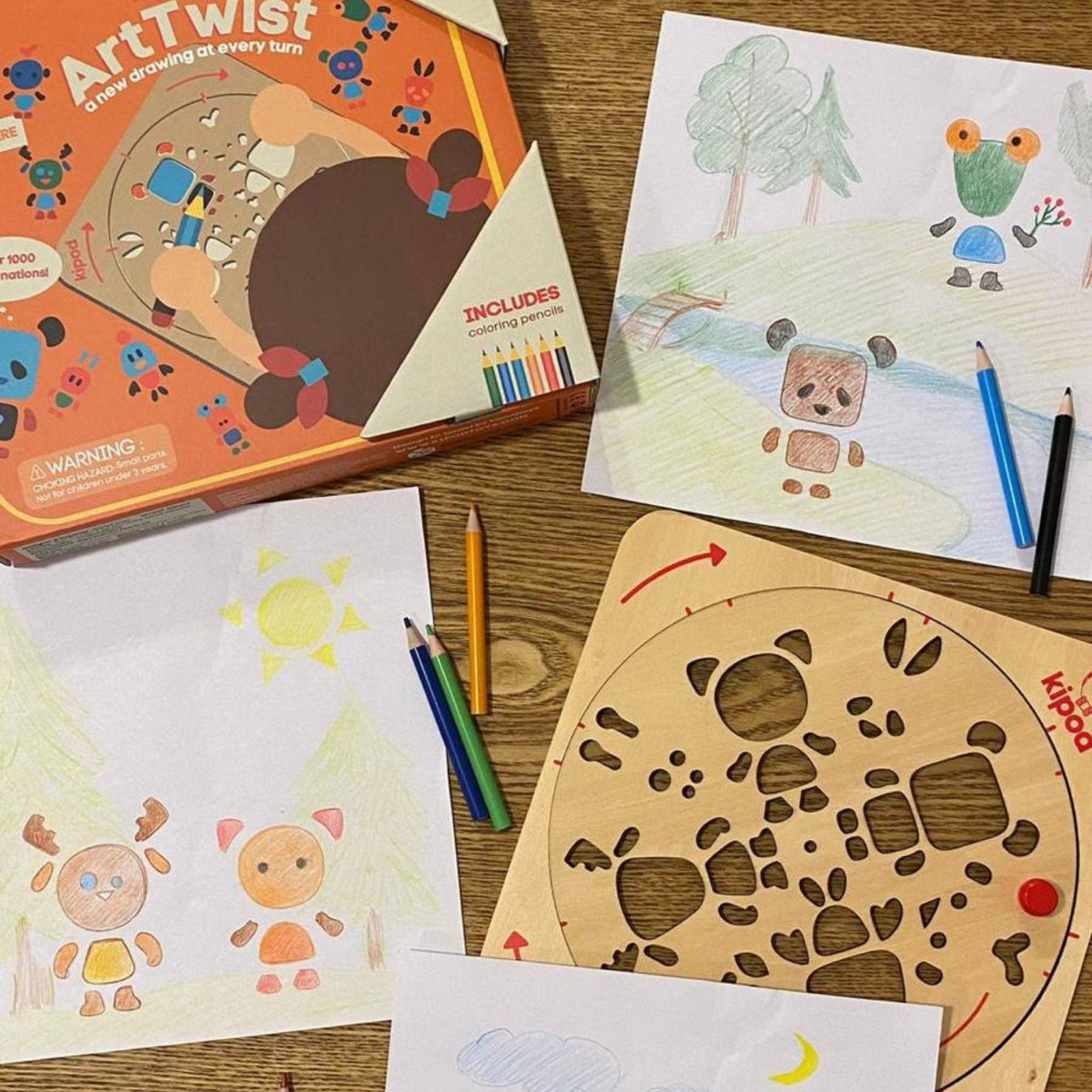ArtTwist children's drawing kit with coloring pages and wooden stencils on a wooden surface.
