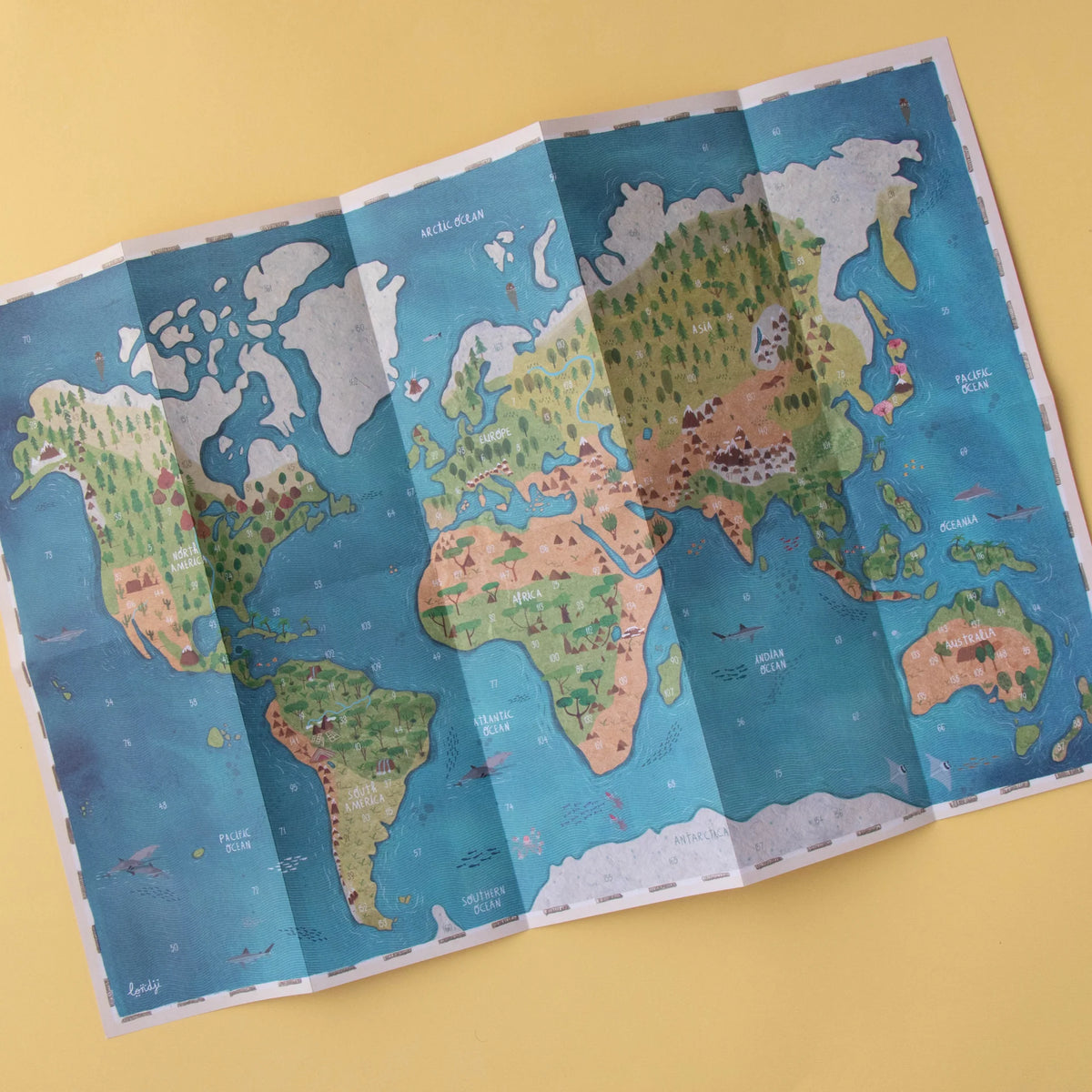 World map on a yellow background