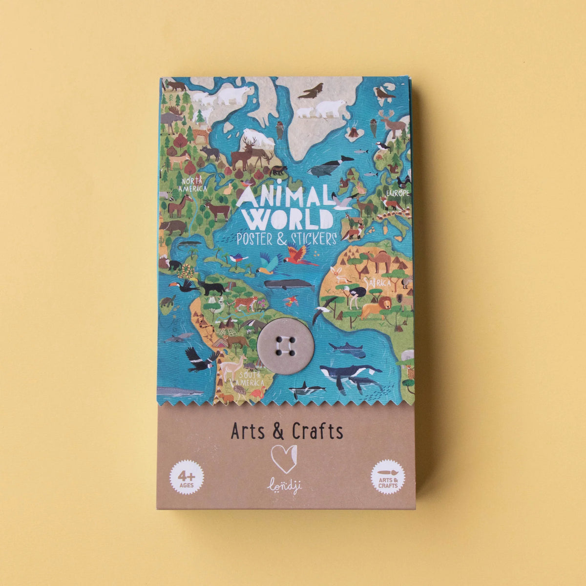Box of 'Animal World' arts and crafts set on a yellow background