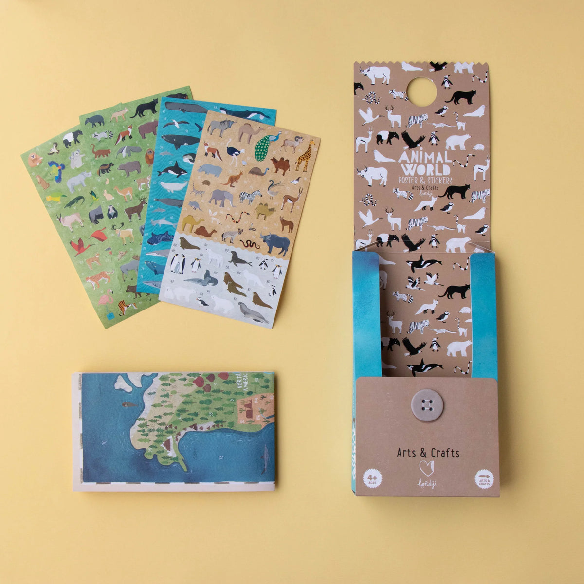 Set of animal-themed sticker set with a packaging box on a yellow background