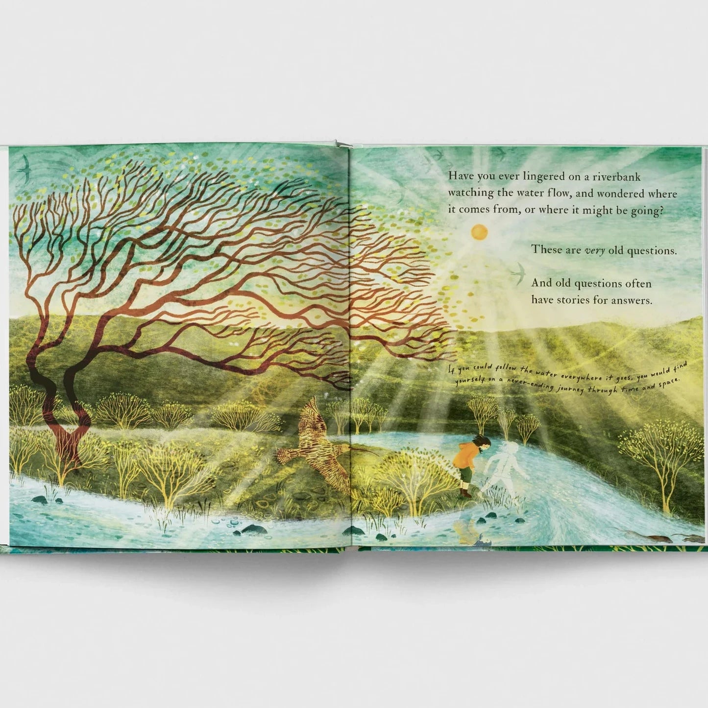 Book cover of 'A River Running Through You' with a green landscape and white text on a light gray background.