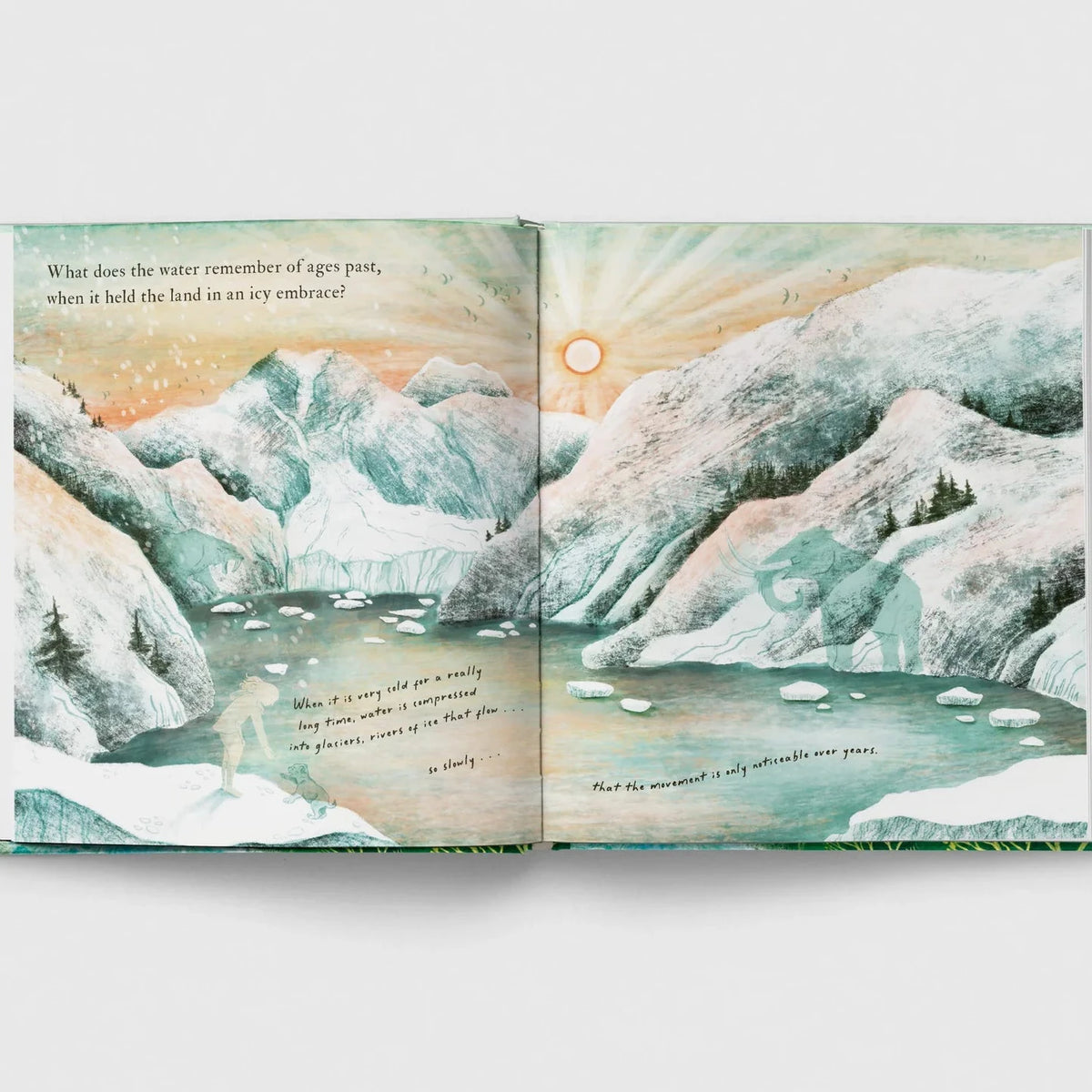 Open book with a snowy mountain landscape illustration and text.