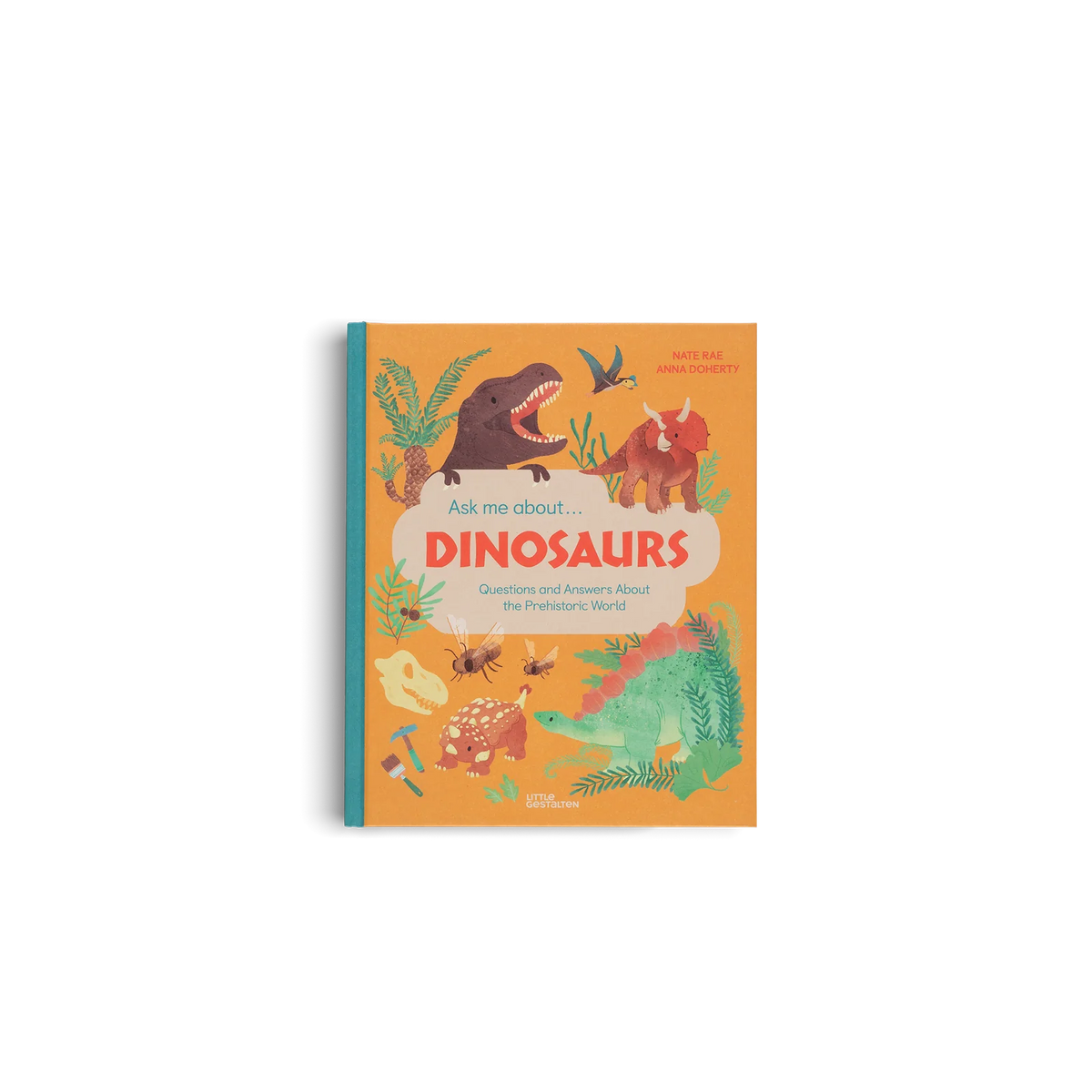 Children's book titled 'Ask Me About Dinosaurs' with colorful dinosaur illustrations on an orange background.