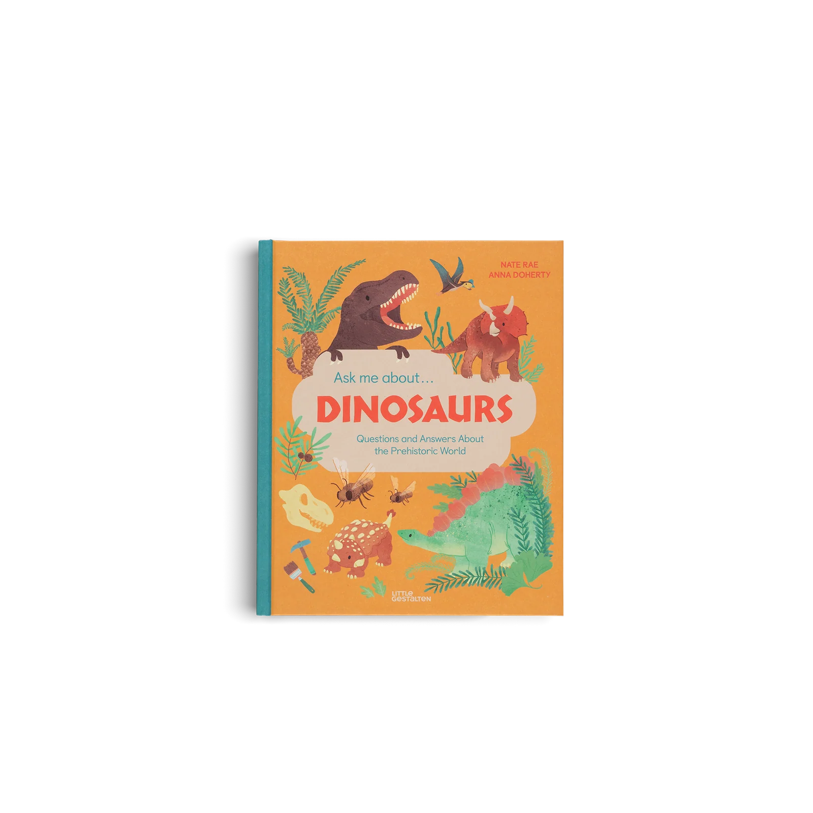 Children's book titled 'Ask Me About Dinosaurs' with colorful dinosaur illustrations on an orange background.