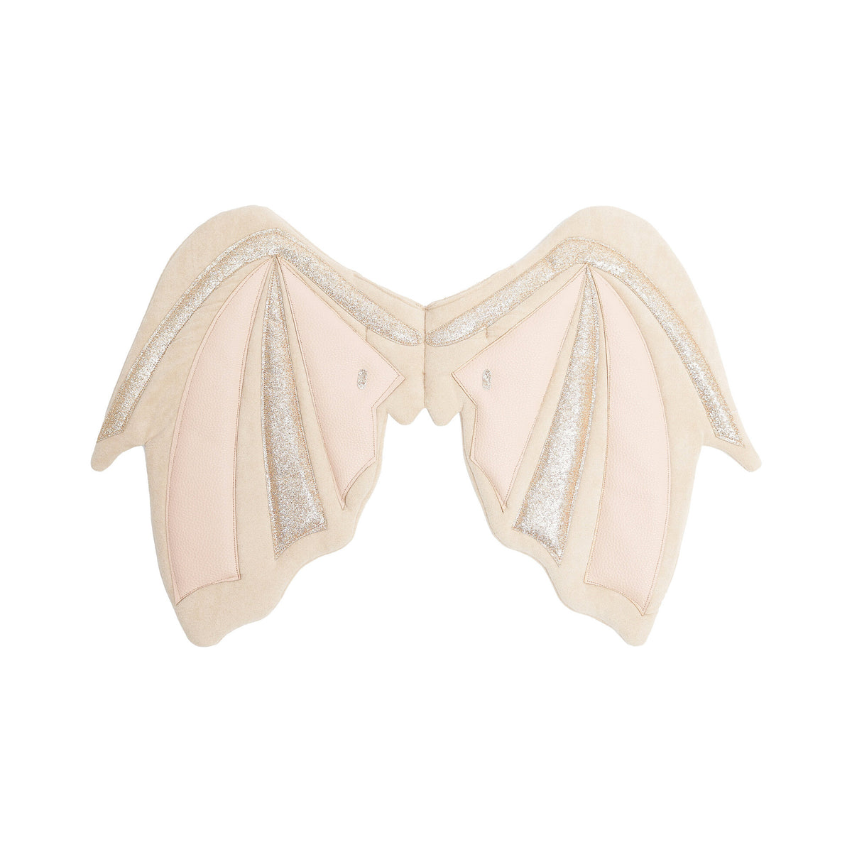 A pair of plush dragon wings costume accessories in pale pink and beige with glittery silver trim, shown on a plain white background.