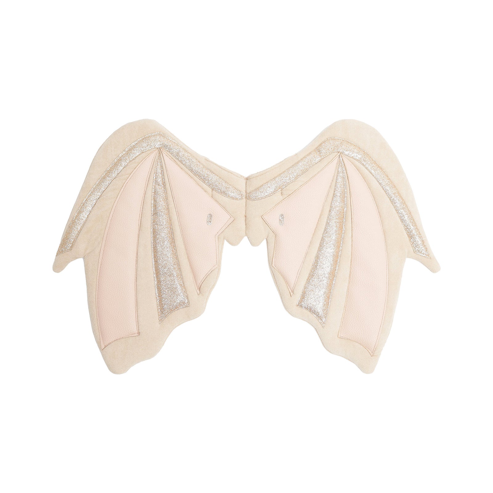 A child wearing a beige angel costume set, including a horned mask, pointed ears, and fabric wings, paired with a sparkly mauve sweatshirt, against a plain light gray background.