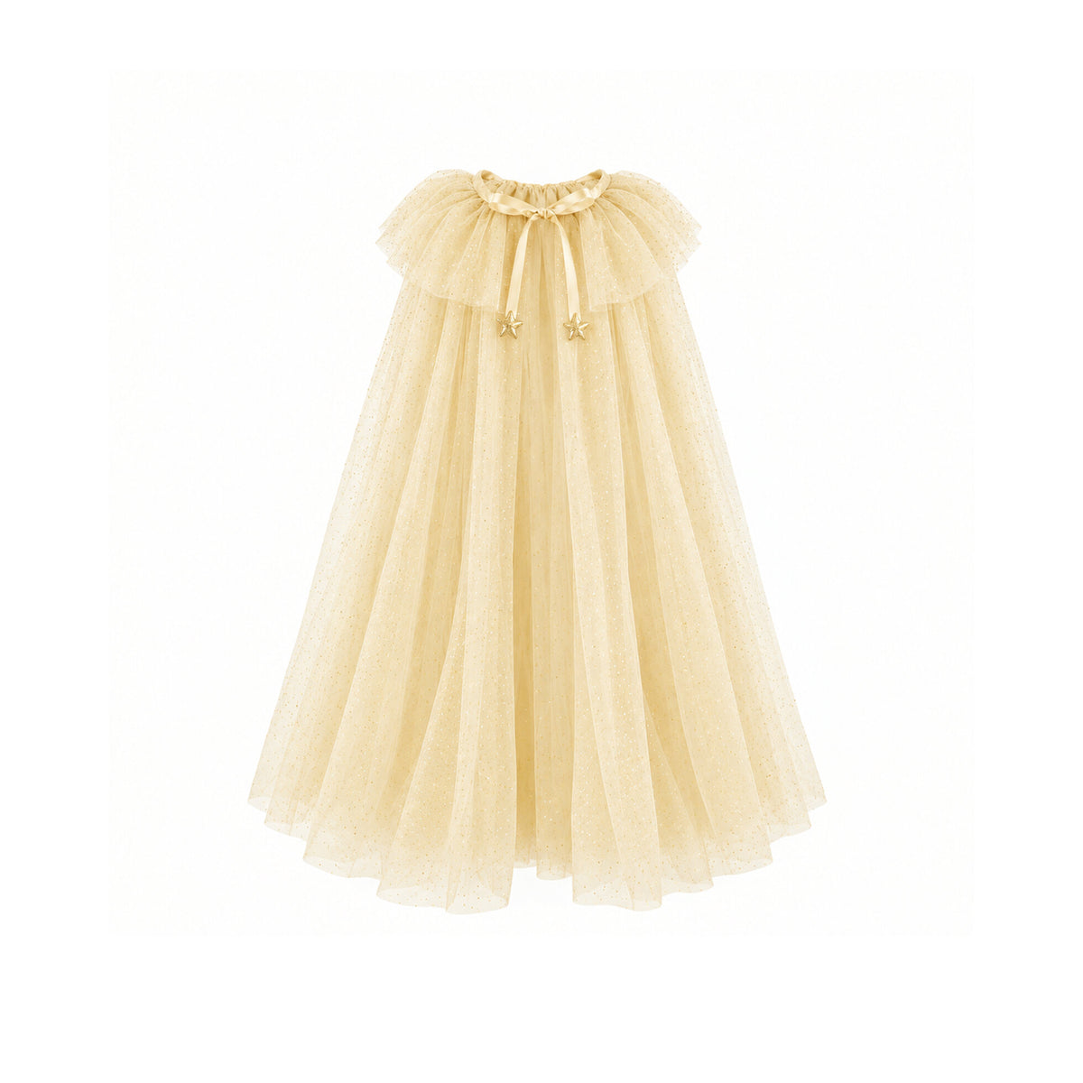 A pale yellow tulle cape with a ruffled neckline, drawstring details, shown against a plain white background.