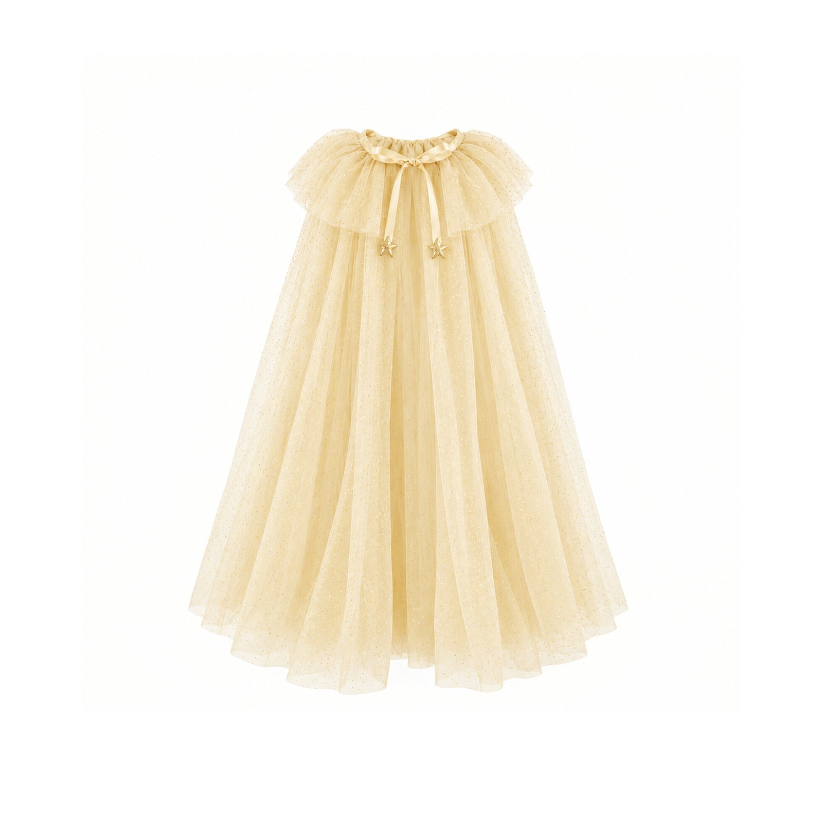 A pale yellow tulle cape with a ruffled neckline, drawstring details, shown against a plain white background.