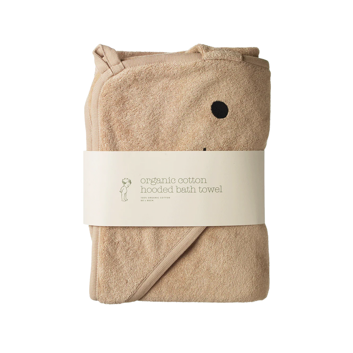Beige organic cotton hooded bath towel with a label on a white background