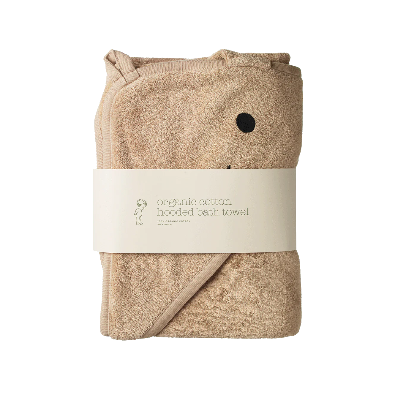 Baby wrapped in a beige bunny hooded towel on a brown blanket