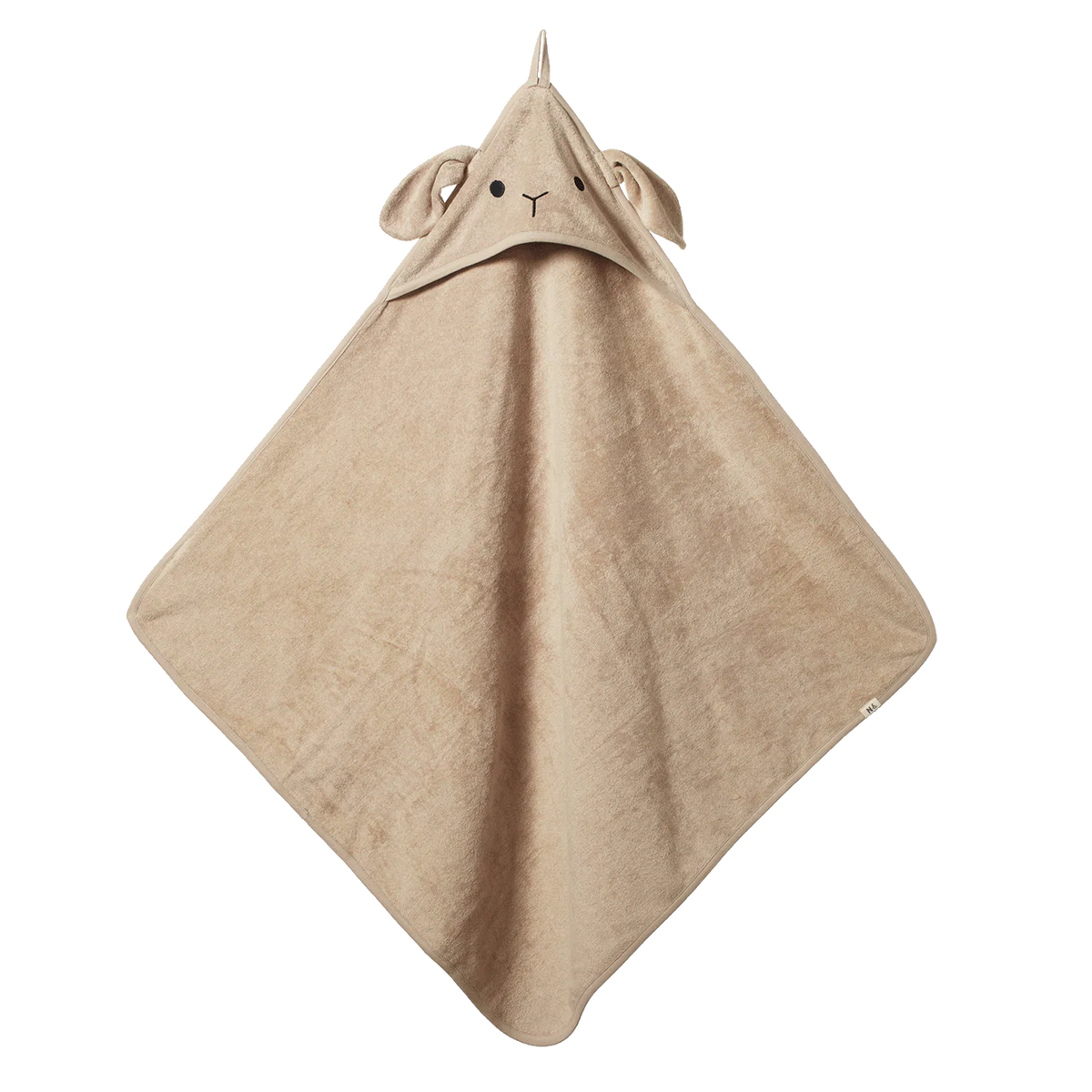 Beige baby comfort blanket with animal face design on a white background