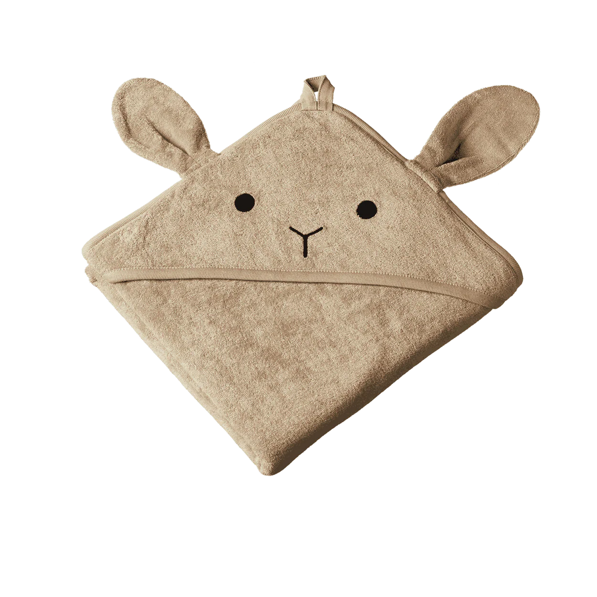 Beige hooded towel with rabbit face design on a white background