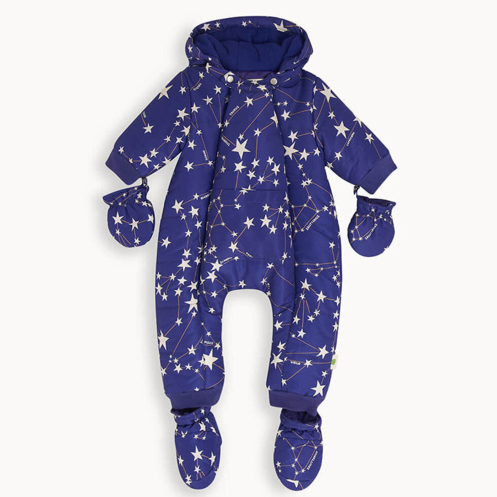 Blue children&#39;s snowsuit with star pattern on a white background