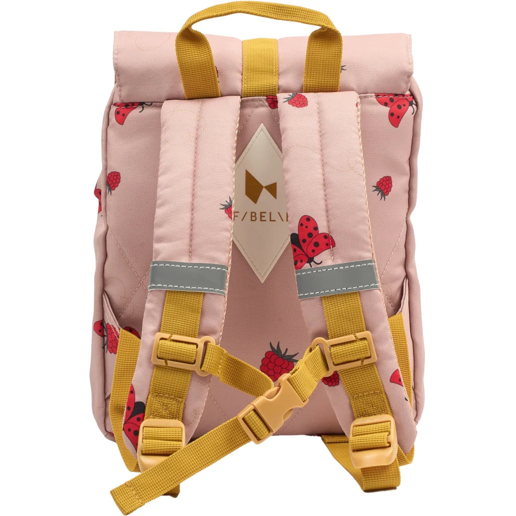 Pink children's backpack with yellow straps and ladybug pattern on a white background